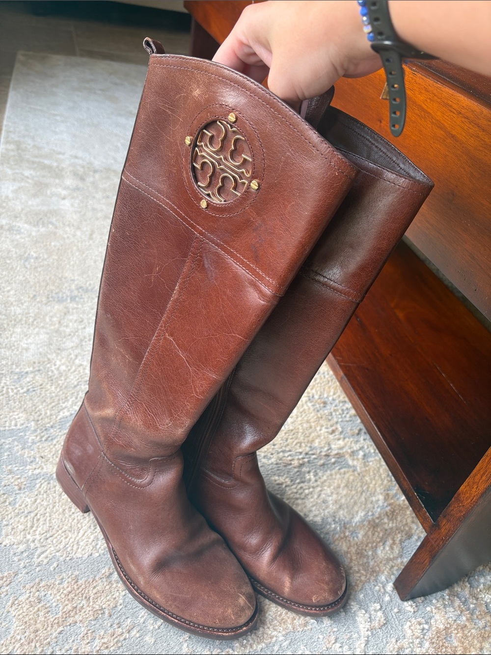 Tory Burch Brown Leather Tall Riding Boots with Logo Medallion